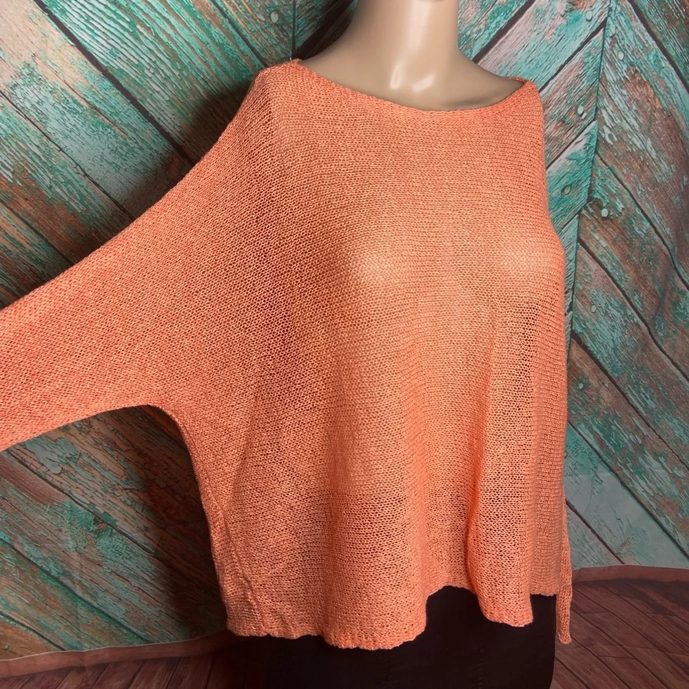 Eileen Fisher Orange Sherbet Sheer Linen Blend Open Weave Sweater - Picture 4 of 8